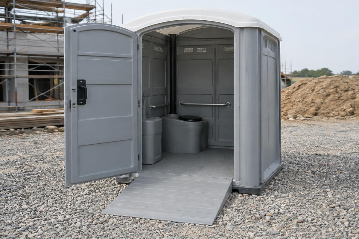 Wheelchair accessible portable toilet with ramp entry