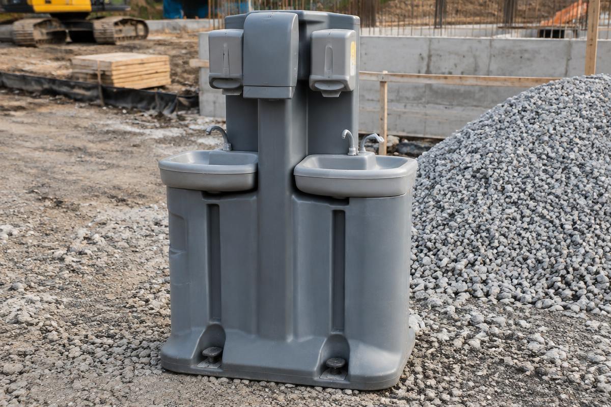 Portable two-station hand-washing sink on a jobsite