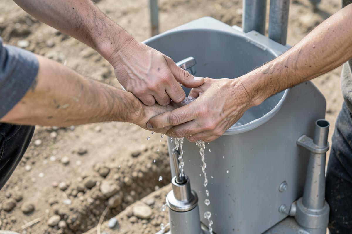 Workers washing hands at an unbranded portable handwashing station on a jobsite