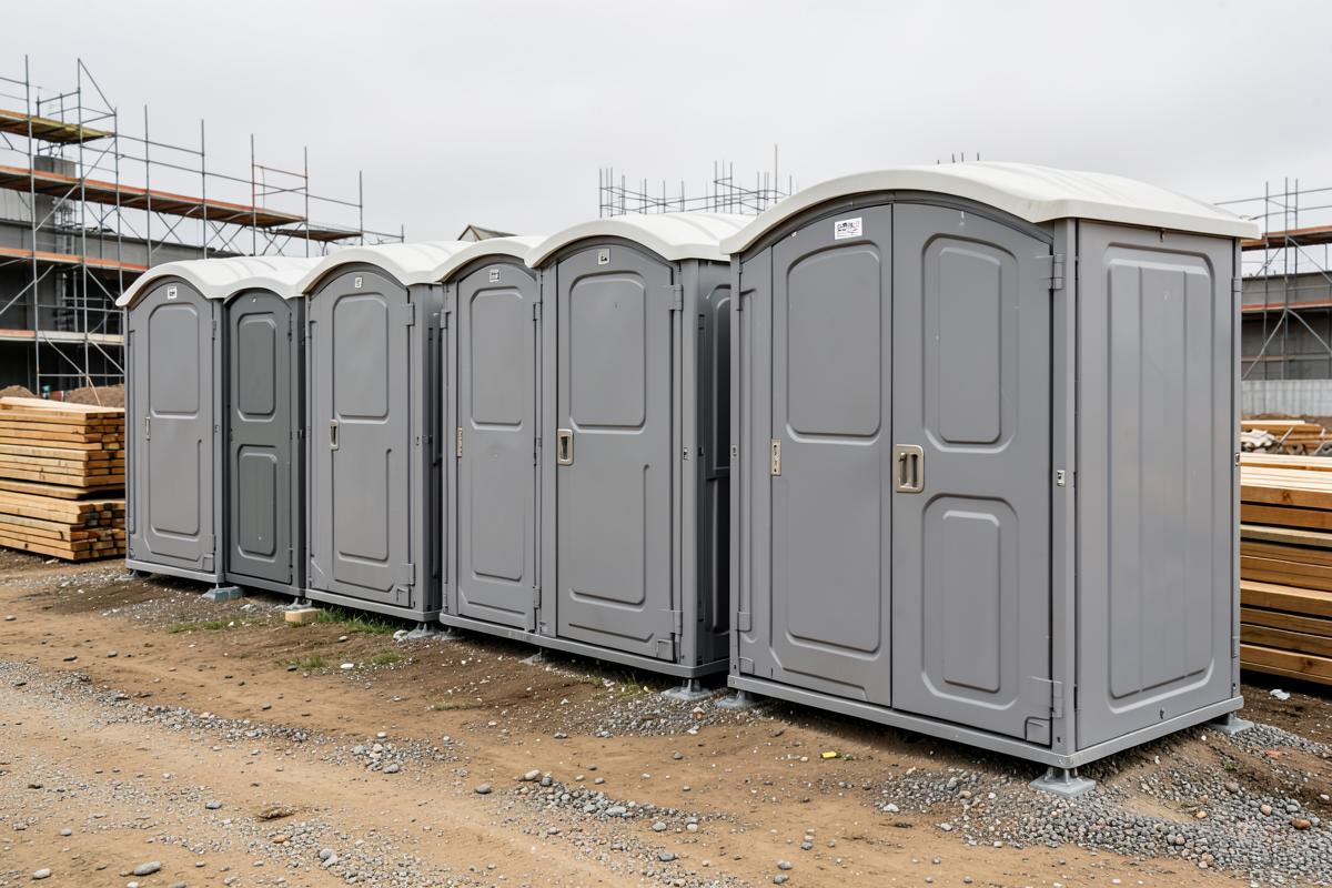 Unbranded portable toilets lined up on an active construction jobsite